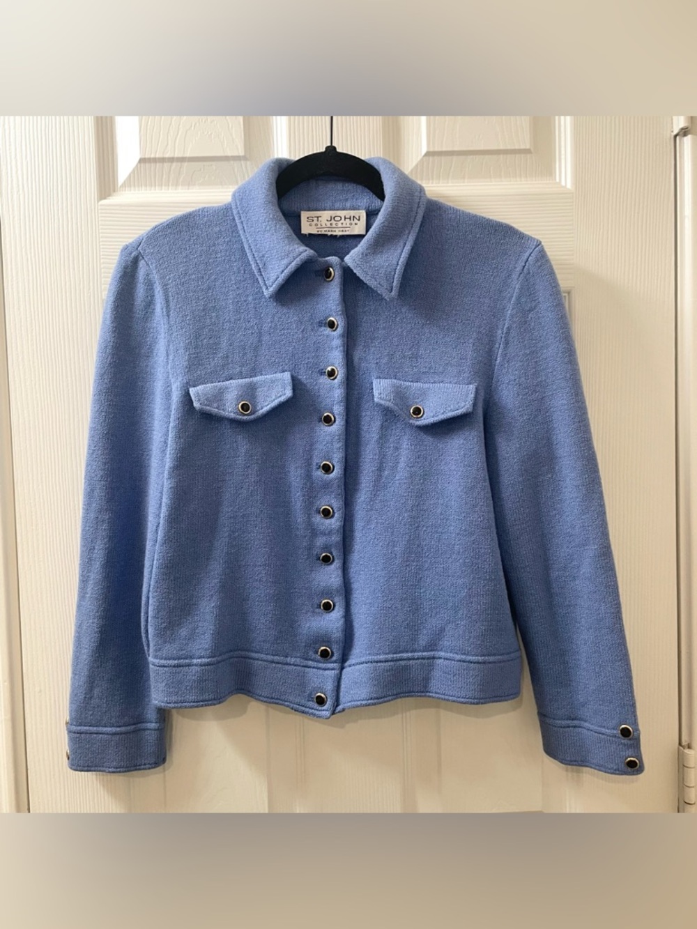 St John Collection Santana Knit Blue Cropped Blazer Jacket Old Money Boxy Small